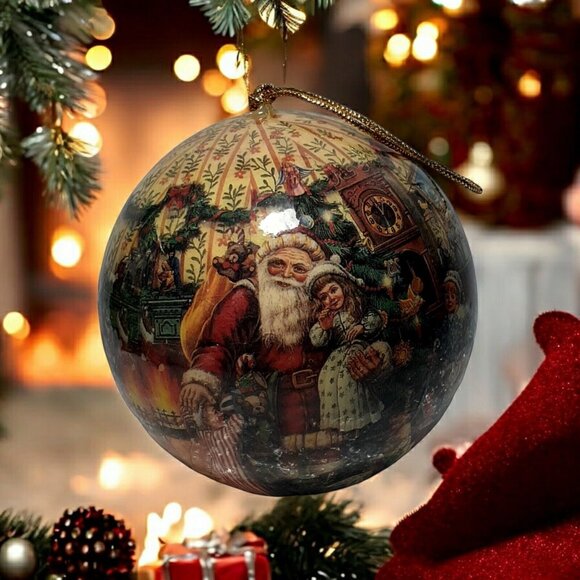 Christmas Ornament Decoupaged Ball Ornament 4" Old Fashioned Santa Children